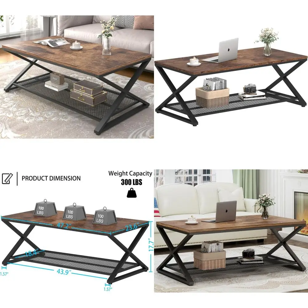 

Журнальный столик в индустриальном стиле с 2-ярусной полкой для хранения, цвет рустик-коричневый, 47 дюймов, для гостиной, спальни или офиса