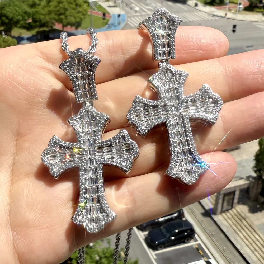 

New Iced Out Cross Pendant Necklace for Men Prong Setting Cubic Zirconia Silve Color Charm Hip Hop Jewelry
