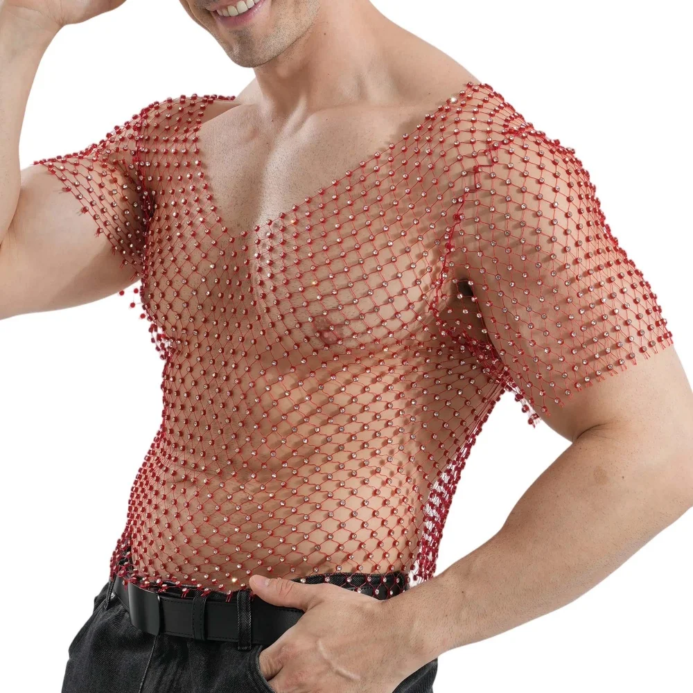 Mens Sexy Hollow Out Fishnet T-shirts With Rhinestone Short Sleeve Mesh Tees Tops Fashion Streetwear Dance Stage Party Costumes