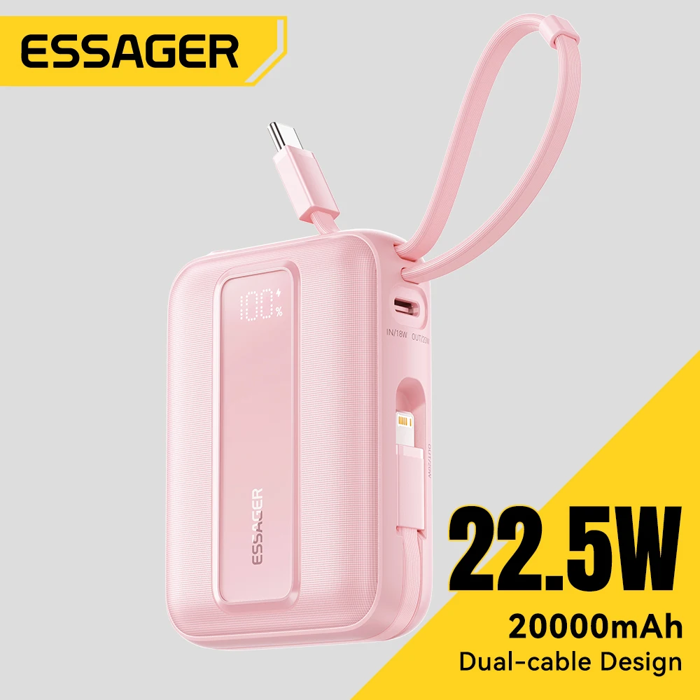 Essager Mini Power Bank mit Kabeln 20000 mAh PD 22,5 W Schnelllade-Telefon-externer Akku für Xiaomi Huawei iPhone 16 15 14 Pro