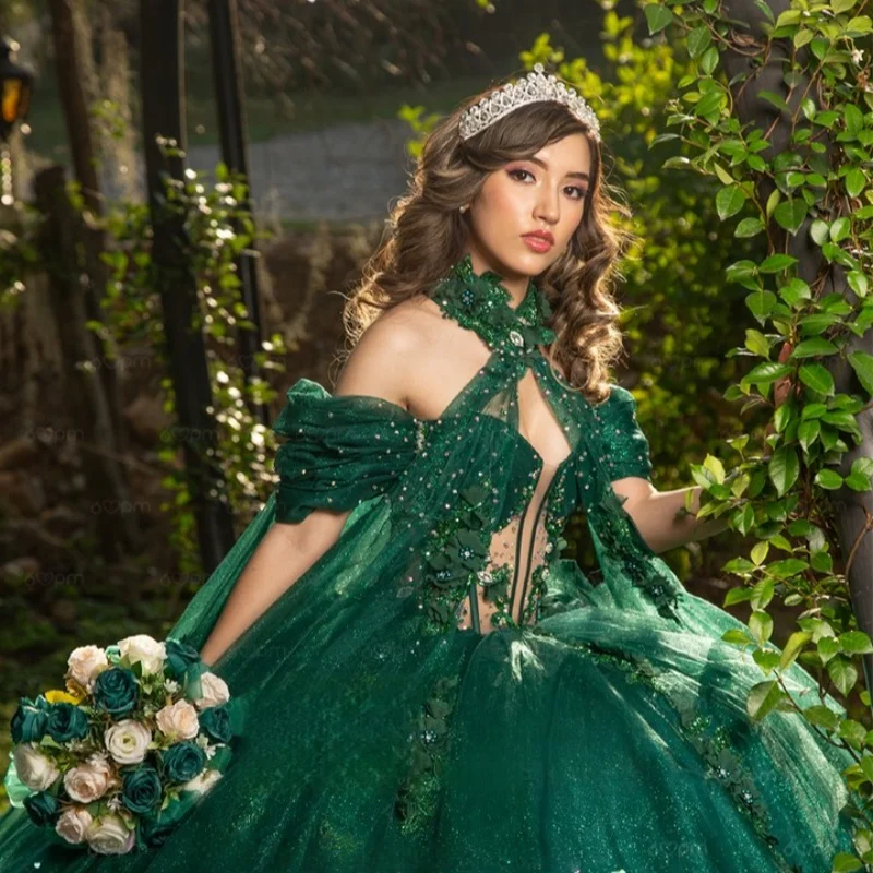 فساتين Quinceanera لامعة باللون الأخضر المسود مخصصة قبالة الكتف تول ثلاثية الأبعاد مزينة بالزهور دانتيل فيستدو دي 15 Quinceanera