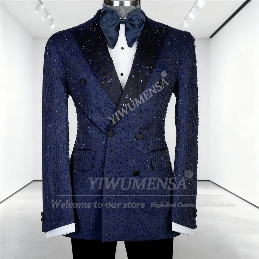 

Sparkling Beaded Crystals Suit Men Slim Fit Double Breasted Jacket Pants 2 Piece Customized Man Blazers Outfits Groom Tuxedos