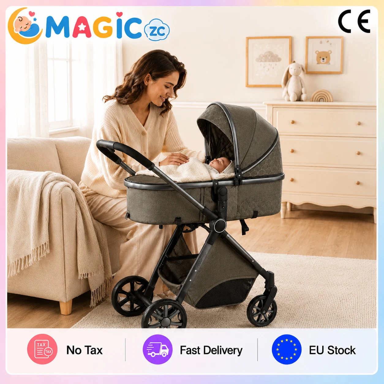 3-in-1 Baby-Kinderwagen, leicht, faltbar, beidseitig nutzbarer Sitz mit Allwetter-Verdeck und sanften Rädern, 3-in-1 Baby-Reisesystem für Neugeborene mit Babywanne, Autositz, verstellbarer Rückenlehne