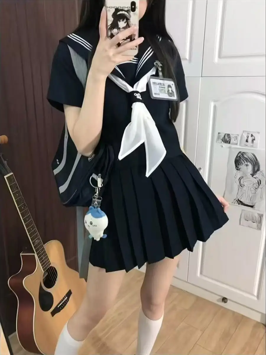 

Original JK Basic Sle ort Sve Sailor Suit School orm Wind Plaid Skirt Set Student Women Aquamarine Color Tee-pie...