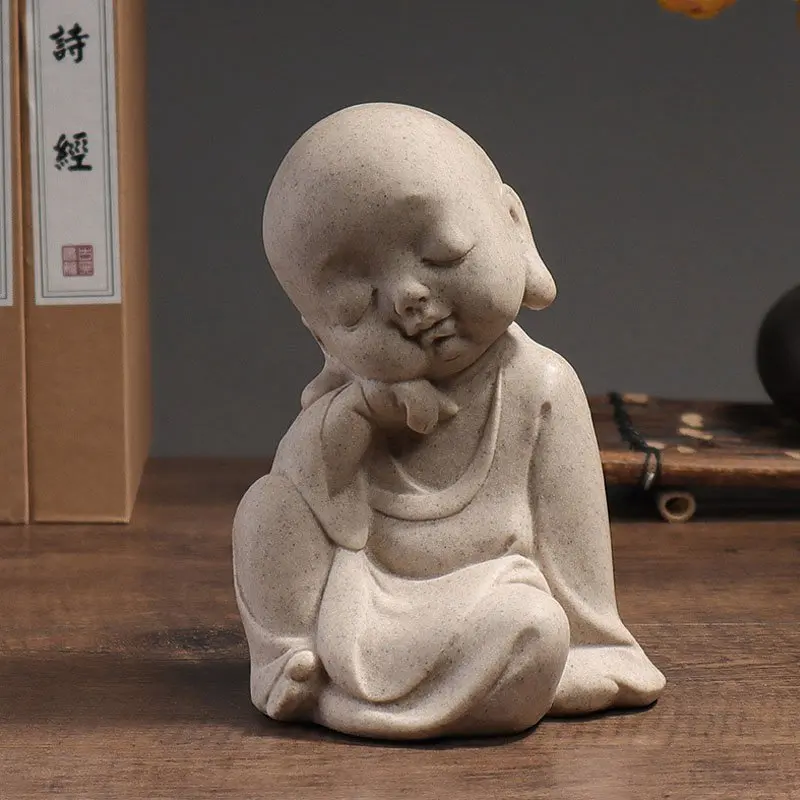 Vilead Sandstone Resin Cute Sleepy Monk Figurines Interior Little Buddha Statue Living Room Bedroom Home Decoration Accseeories