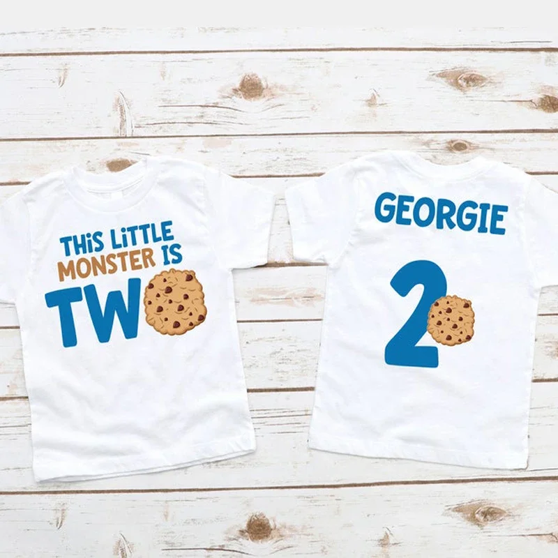 

Cookie 2nd Birthday Boy Bodysuit Second Birthday Monster Is Two Outfit Blue Cookie Birthday Milk Cookies Name and Number on Back
