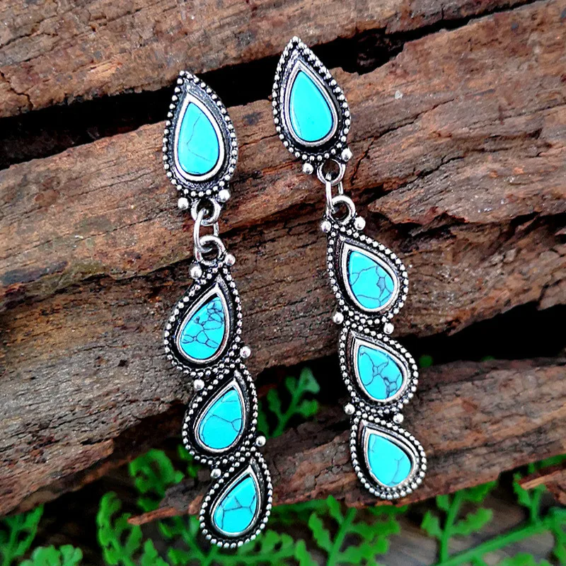 Boho Dangle Earrings for Women Vintage Turquoise Drop Earrings Ethnic Retro Pendant Ear Hook Beach Party Jewelry Gift