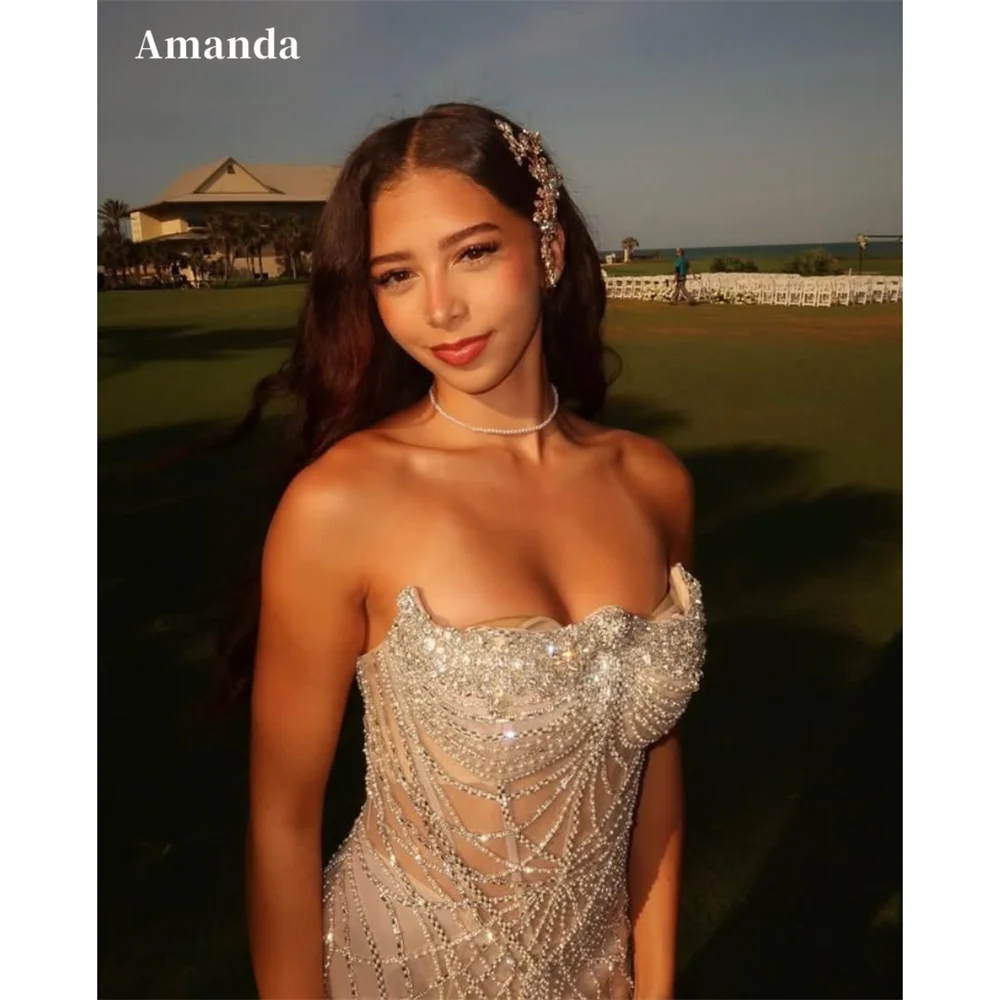 

Amanda Customized Strapless Mermaid Rhinestones Prom Dresses Sequined Sleeveless vestidos de noche Floor-Length Formal Evening