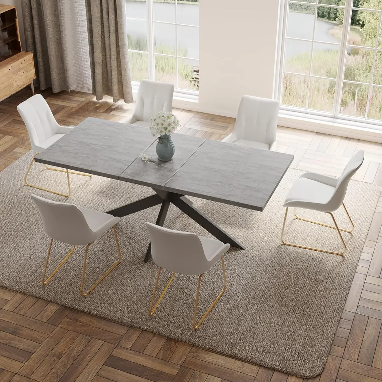 Table Set 6-8 Person Kitchen Table and Chairs Modern Extendable Dining Table with 6 Leather Upholstered Dining Chairs