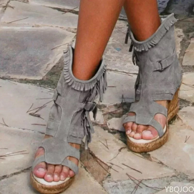 Sandalias de mujer verano 34-43 zapatos de mujer de talla grande plataforma cuña zapatos con borlas punta cerrada Boca de pescado zapatos de mujer