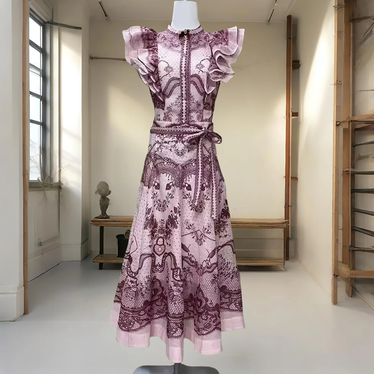 

，French Retro Floral Ruffle Sleeve Tie Belt Shirt Top High Waist Half-Length Skirt Set