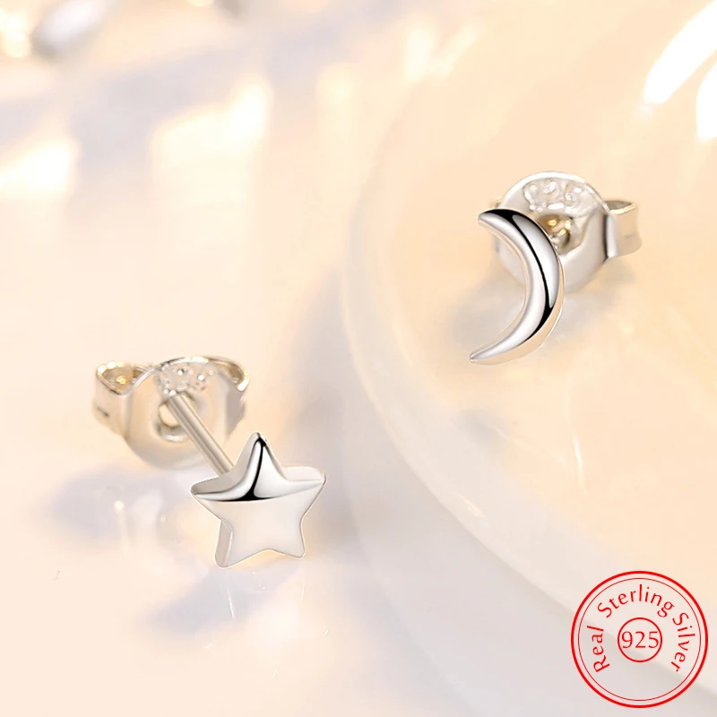 

925 Sterling Silver Woman's New High-quality Jewelry Asymmetrical Moon Star Stud Earrings Fashion XY0586