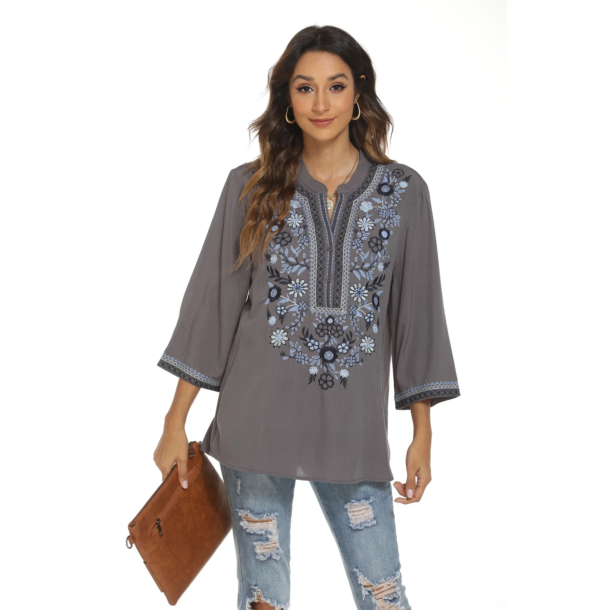 

Eaeovni Bohemian Embroidered Tops For Women Cotton Peasant Shirts Boho Embroidered Loose Blouse