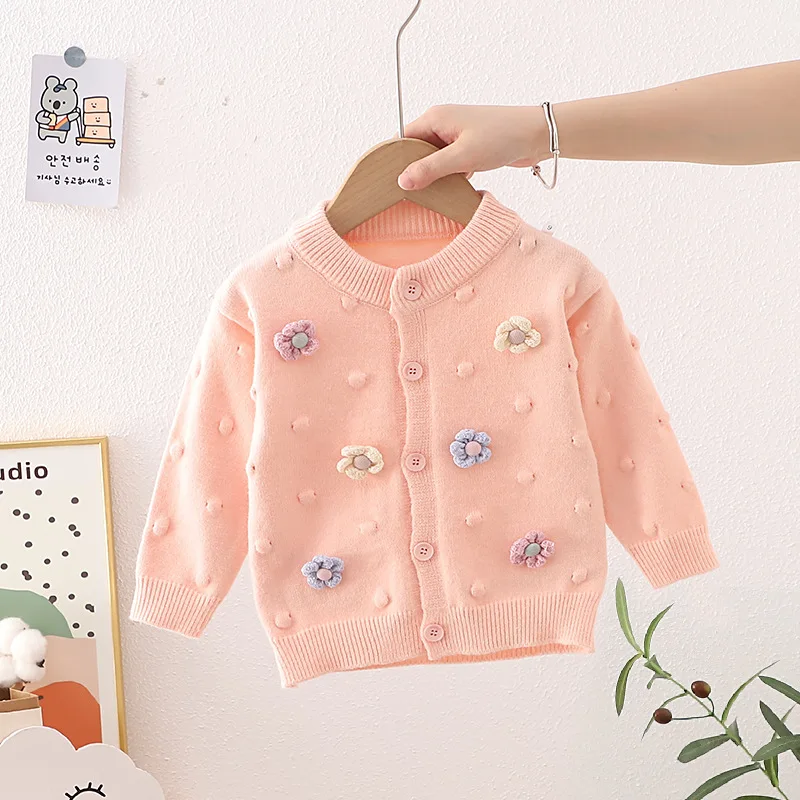 Sweater coat Korean girls in autumn and winter 1-7 age sweet and lovely flowers fashion Joker knit cardigan tops child clothing