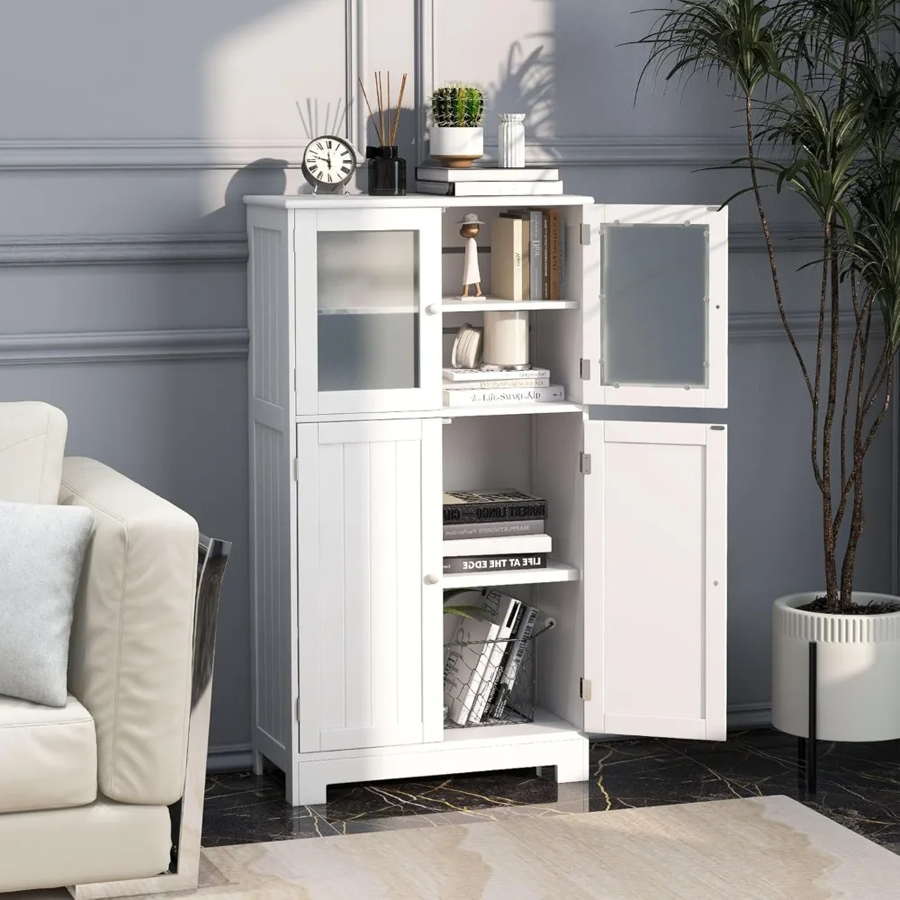 Bathroom Storage Cabinet, Wooden Linen Storage Organizer Cupboard with Doors & Adjustable Shelf, Freestanding Floor Cabi