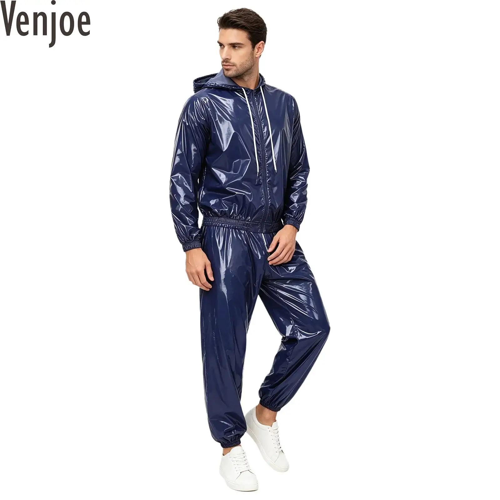 

Shiny Sweat Suit for Men Women Waterproof Sauna Outfit Hooded Tracksuit Front Zip-up Hood Jacket Windbreaker Jogging Track Pants