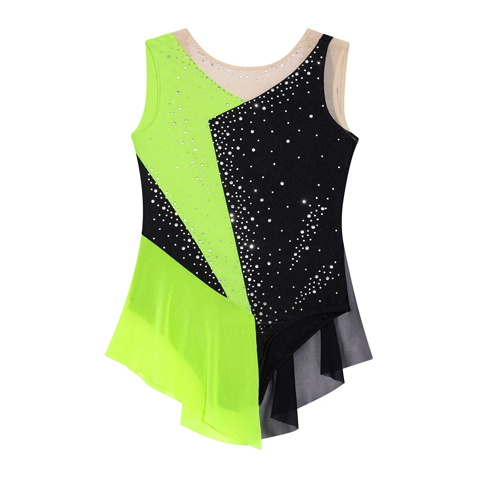 Kids Girls Figure Skating Leotard Dress Shiny Rhinestone Sheer Mesh Sleeveless Bodysuit for Ballet Lyrical Dance Gymnastics