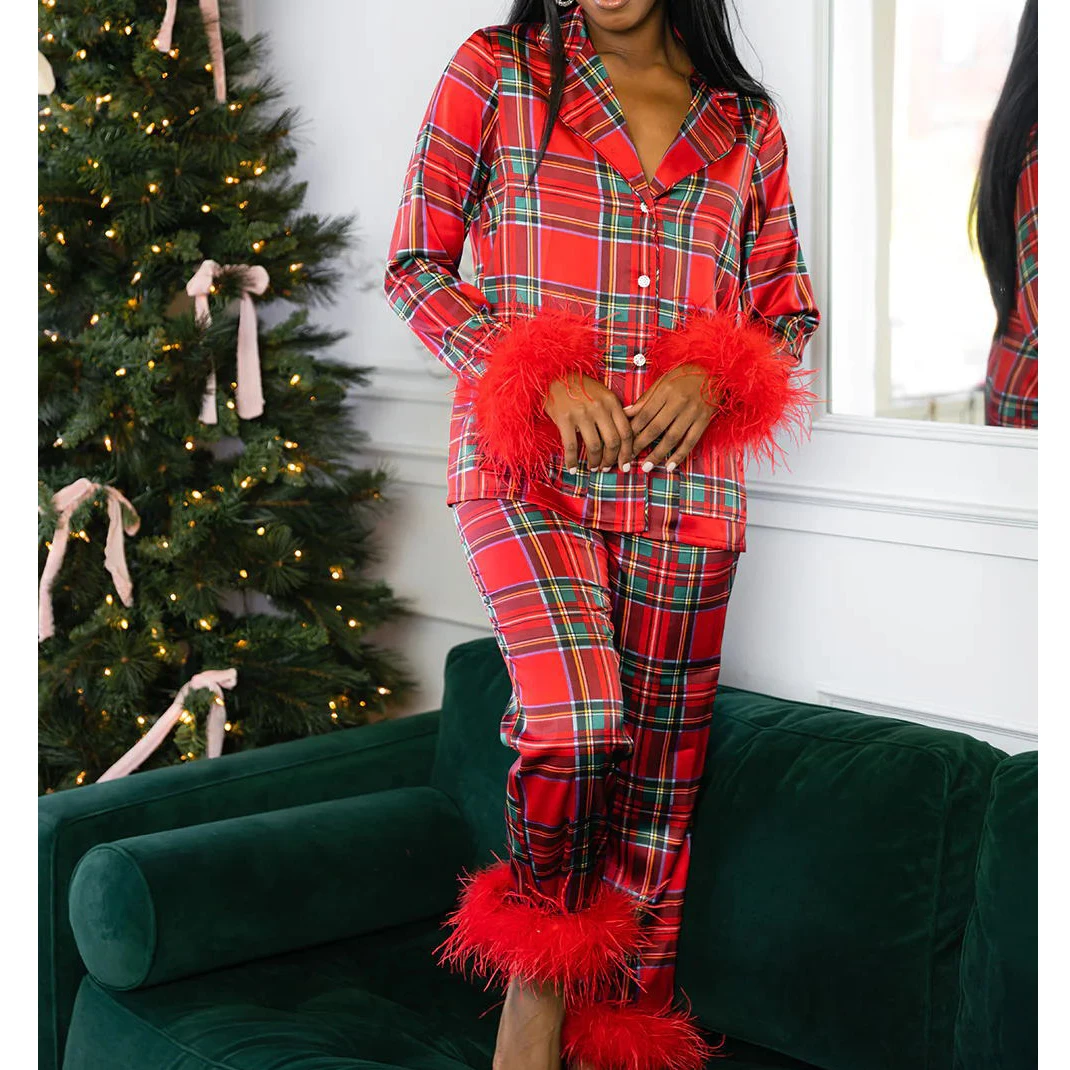 Women New Year Pajamas Set Christmas Party Loungewear Long Sleeve Feather Shirt Pants Sleepwear Santa Claus Night Wears Pyjamas