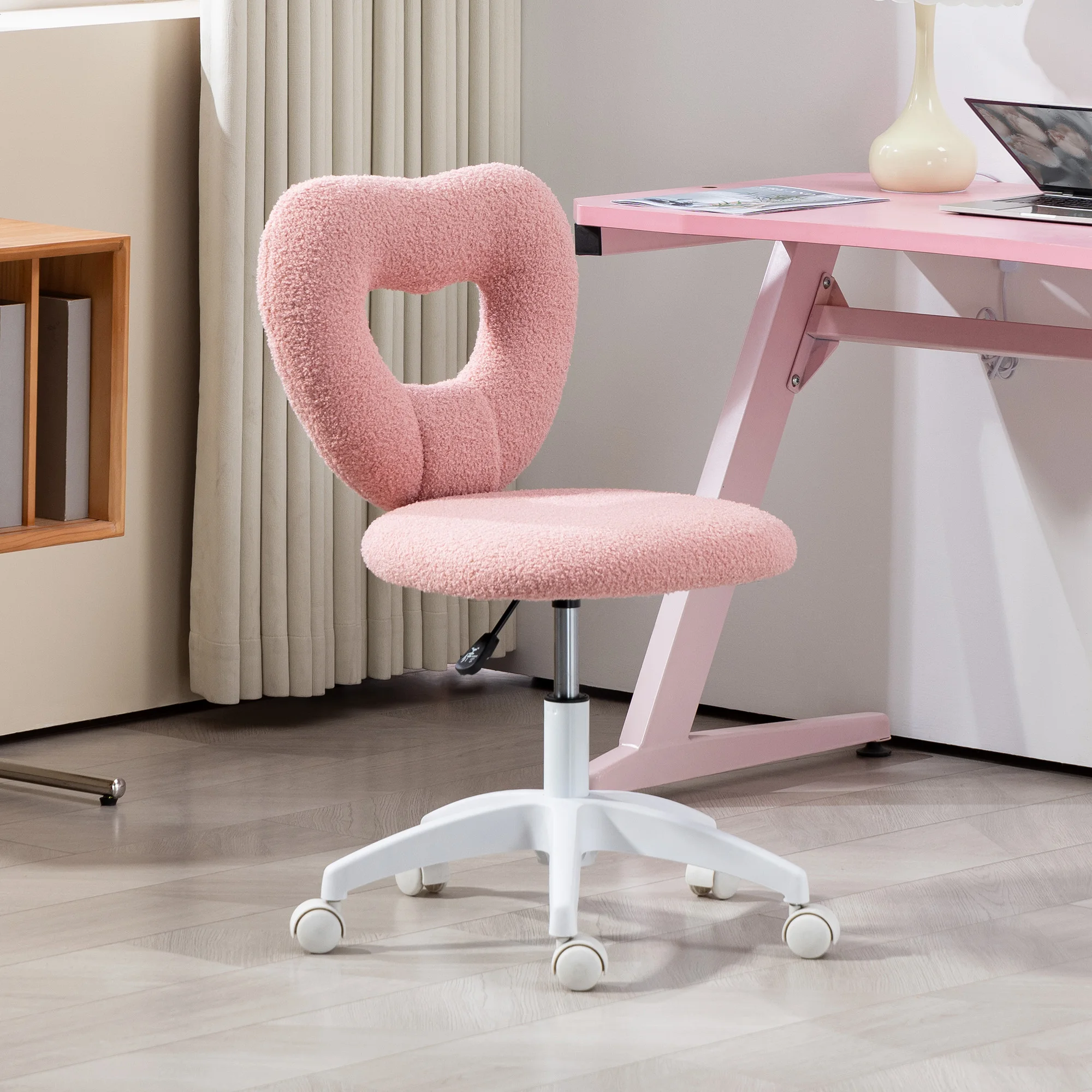 Armless 电脑桌椅, Office Task Chair, Teddy Fleece Heart Makeup Vanity Chair with Swivel Wheels, Pink