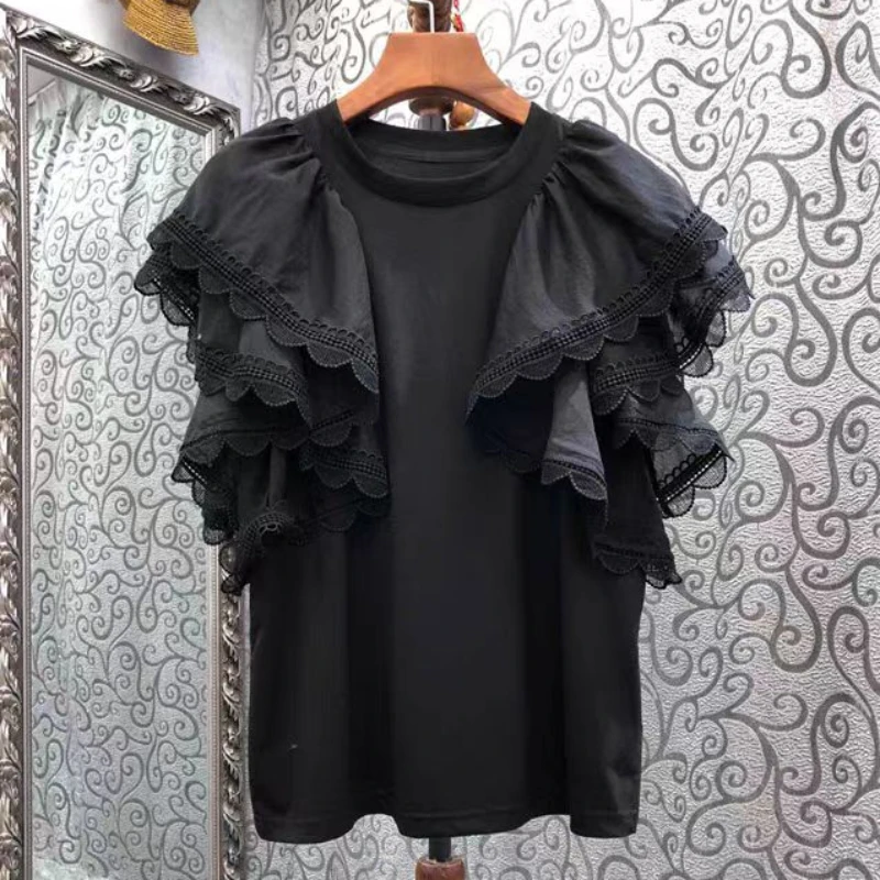 2023 Summer New Ruffle Patchwoek T-Shirts Women Korean Chic O-neck Causal Loose Butterfly Short Sleeve Tees Tops Black White