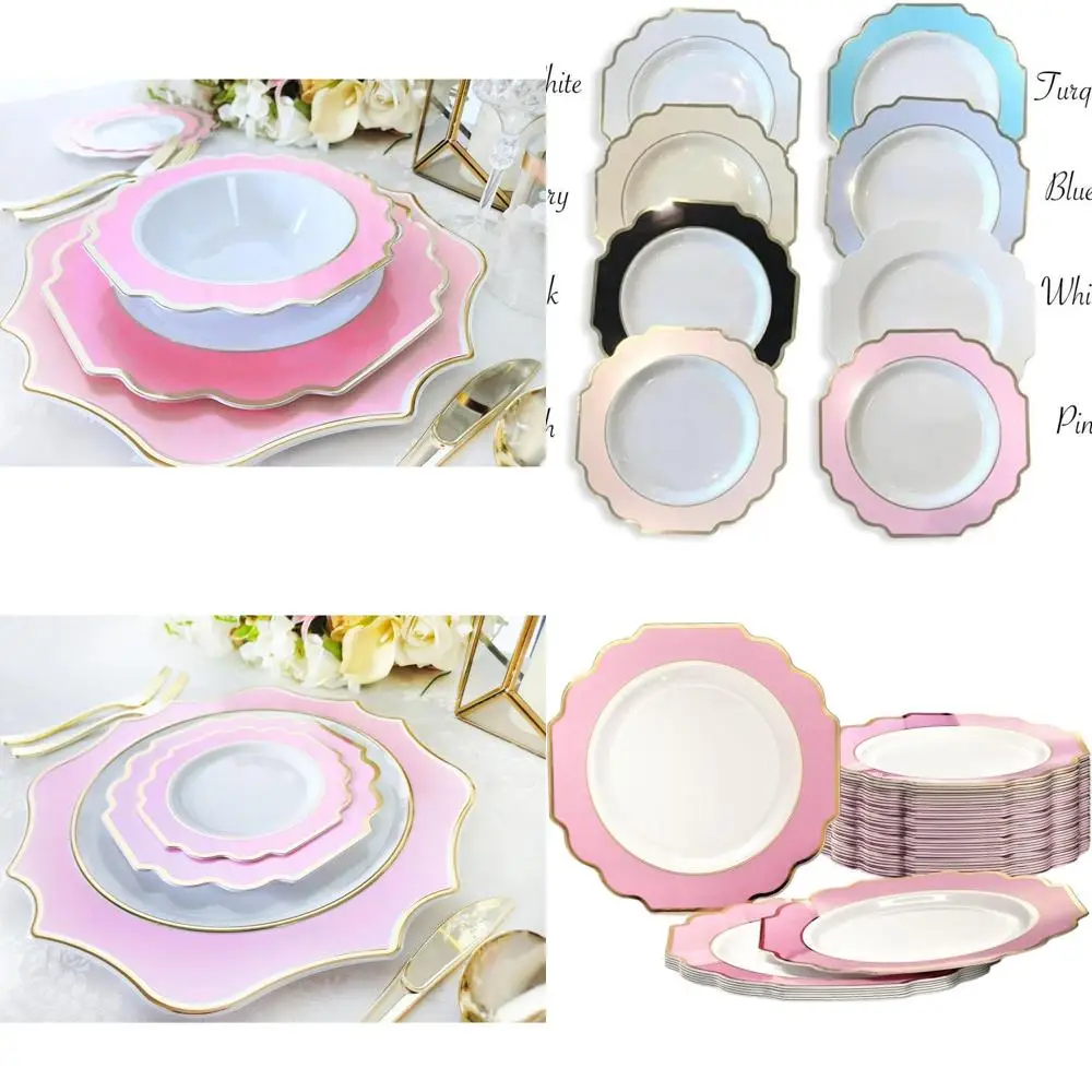 

120-Piece Heavyweight Plastic Wedding Plates Set, 8 Appetizer/Dessert, White/Light Pink & Gold