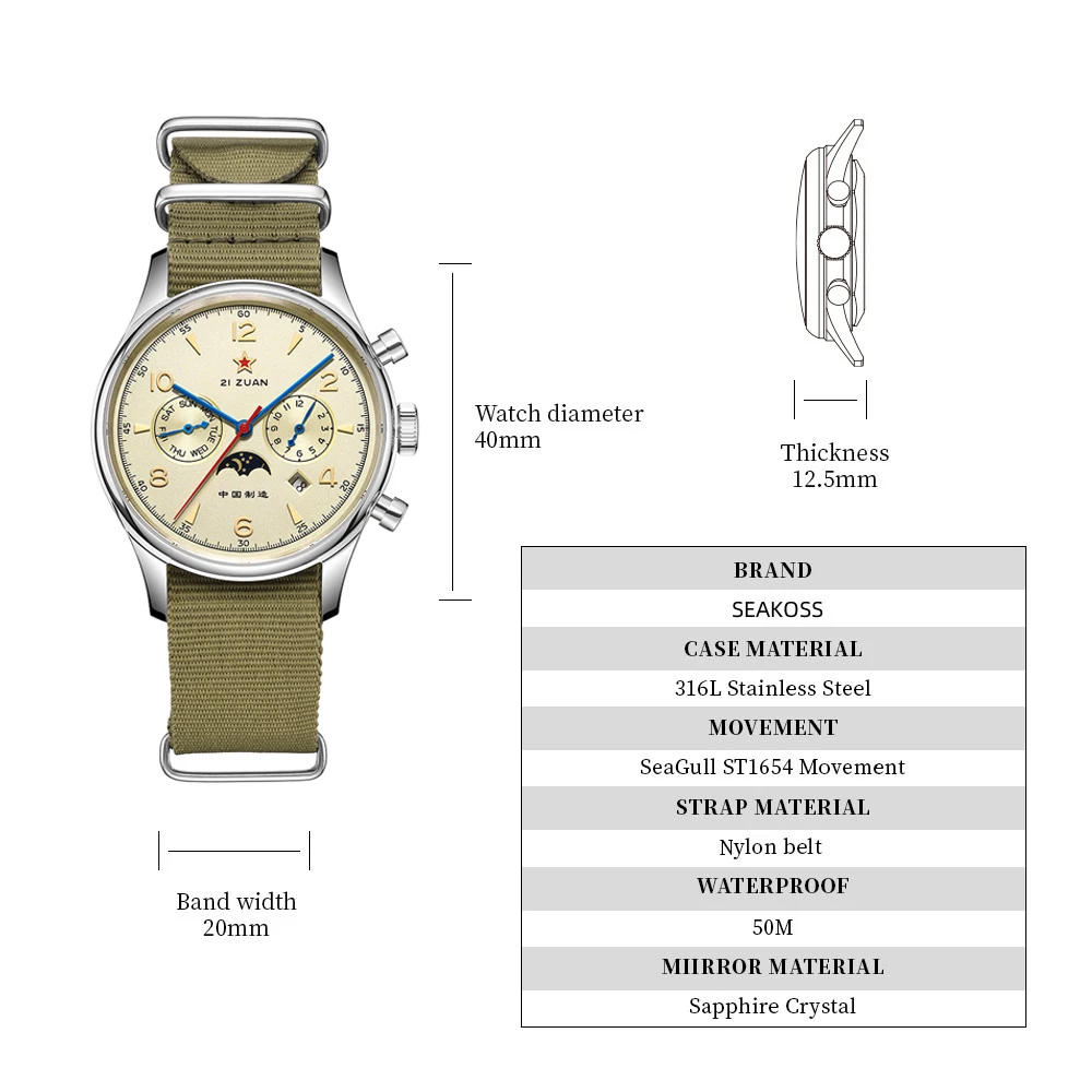 SEAKOSS 1963 Seagull ST1654 Automatic Movement Mechanical Wristwatch 24H Display Air Force Aviation Pilot Calendar Mens Watches