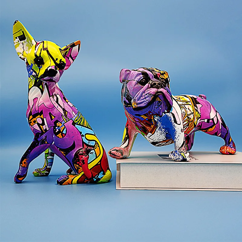 Nordic Colorful Graffiti Sculpture Chihuahua Dog Modern Statue Painted Bulldog Office Living Room Decoration Creative Ornament