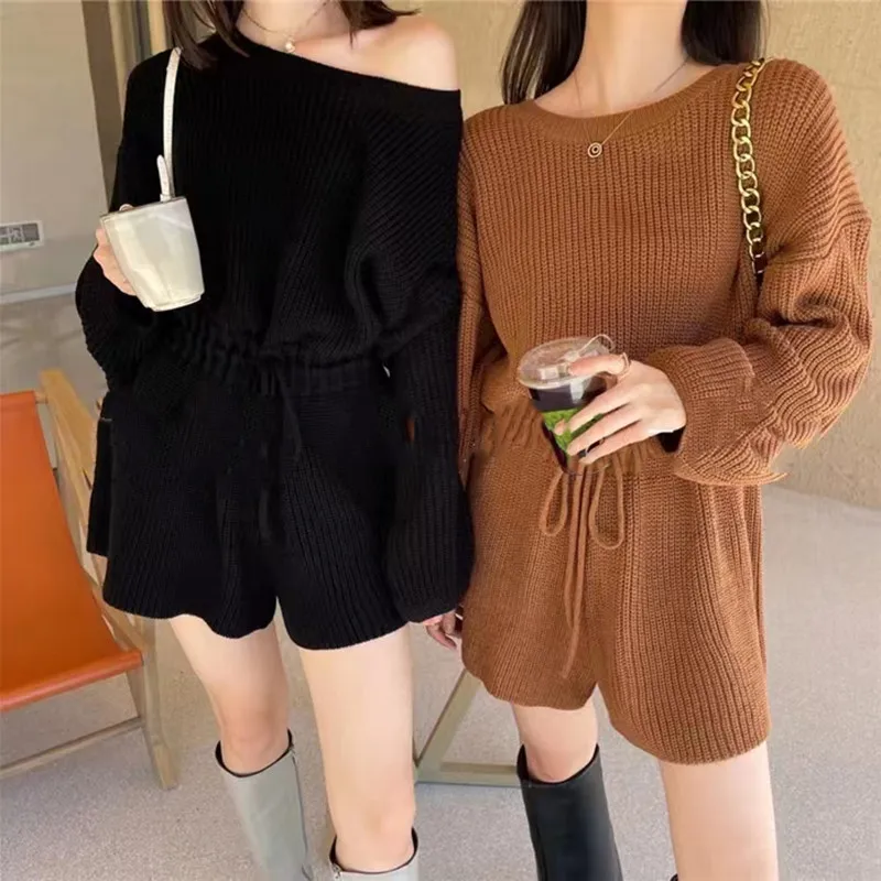 NEW Chic Autumn Winter Crew Neck Knitted Long Women Wide-leg Sleeved Jumpsuit Shorts Drawstring Rompers Slim Korean Outfit