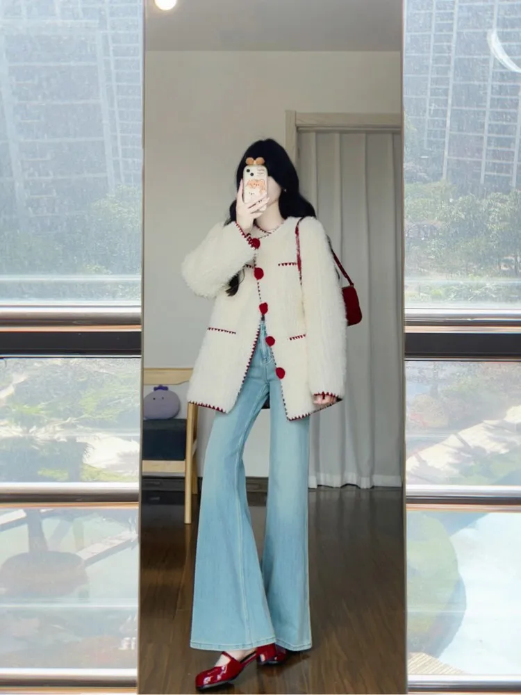 Pelliccia di agnello ort Jaet da donna in pelle e pelliccia intrecciata piccola fraanza Sle autunno e inverno sensazione di fascia alta