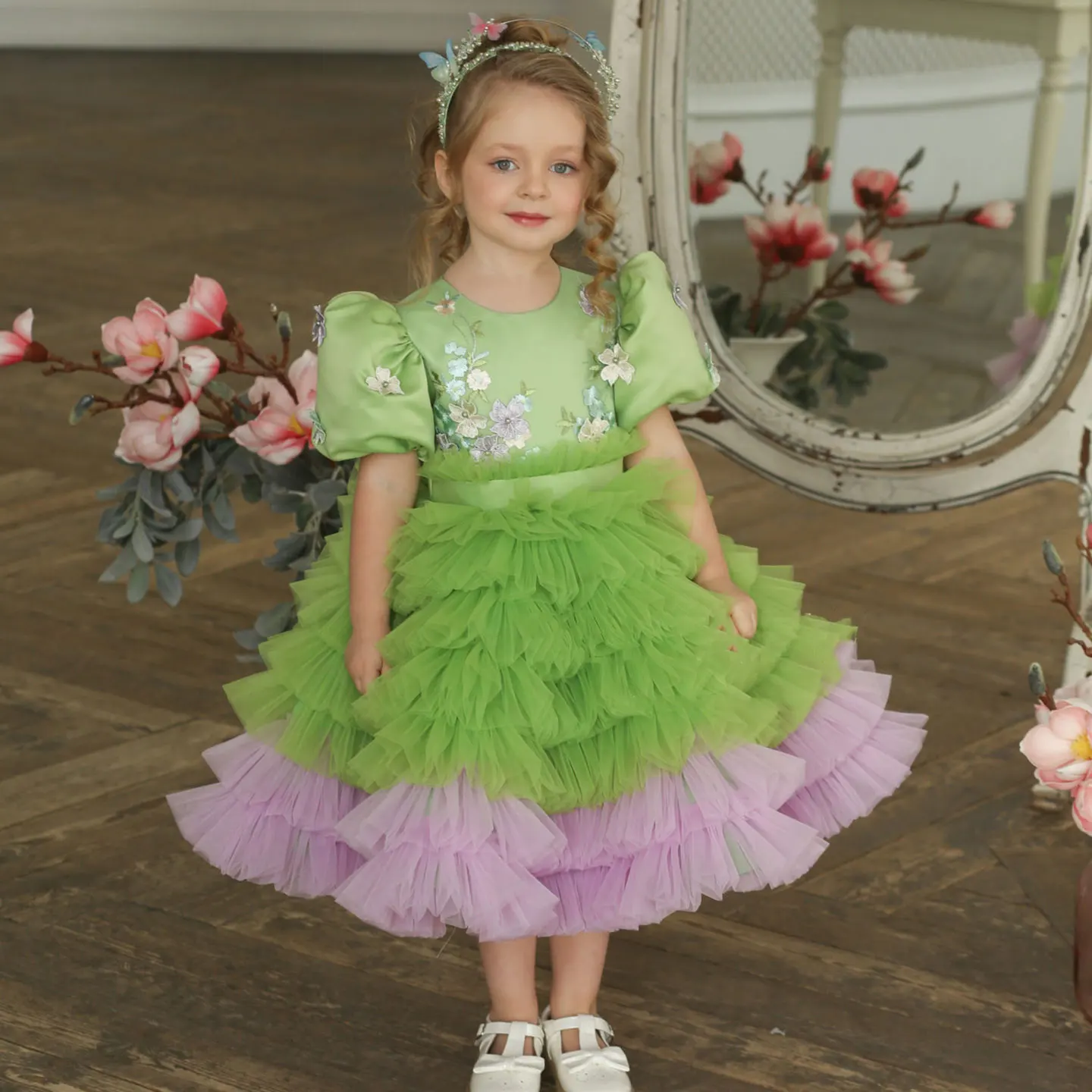Jill Wish J174 Elegant Sage Green Tulle Girl Dress 3D Flowers knee Length Arabic for Princess Birthday Wedding Party Pageant