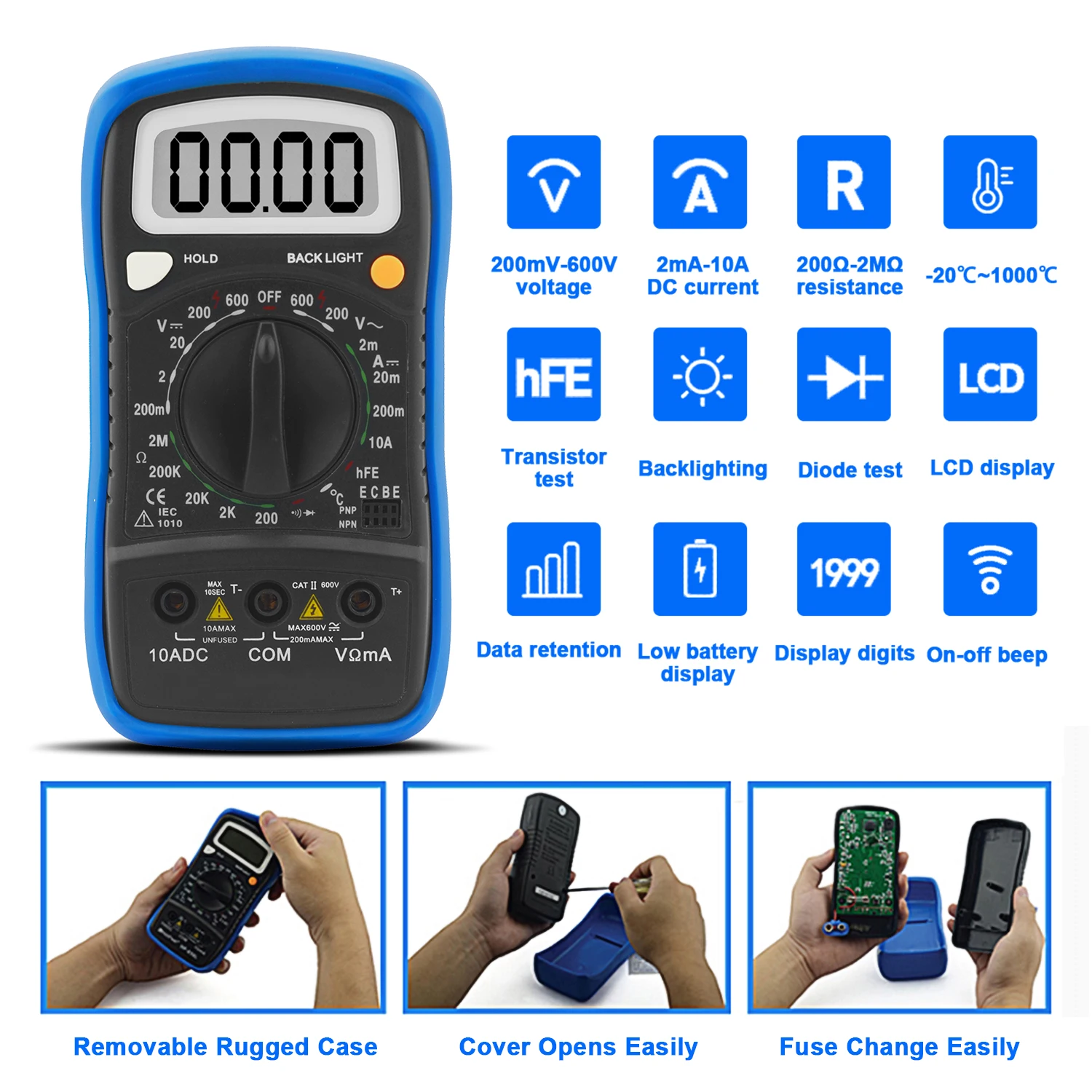 

1999 Counts Multimeter AC/DC Voltage DC Current Resistance Temp Diode Continuity hFE Backlight Data Hold for Home DIY BT-838L