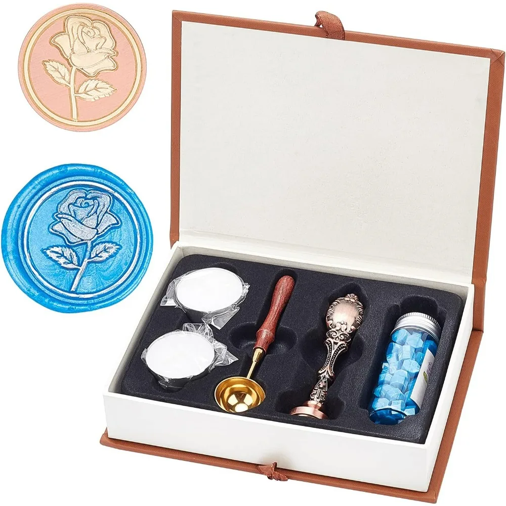 Wax Seal Stamp Set Rose Vintage Sealing  with Gift Box Blue Sealing Beads Wax Spoon 2pcs Candle Retro