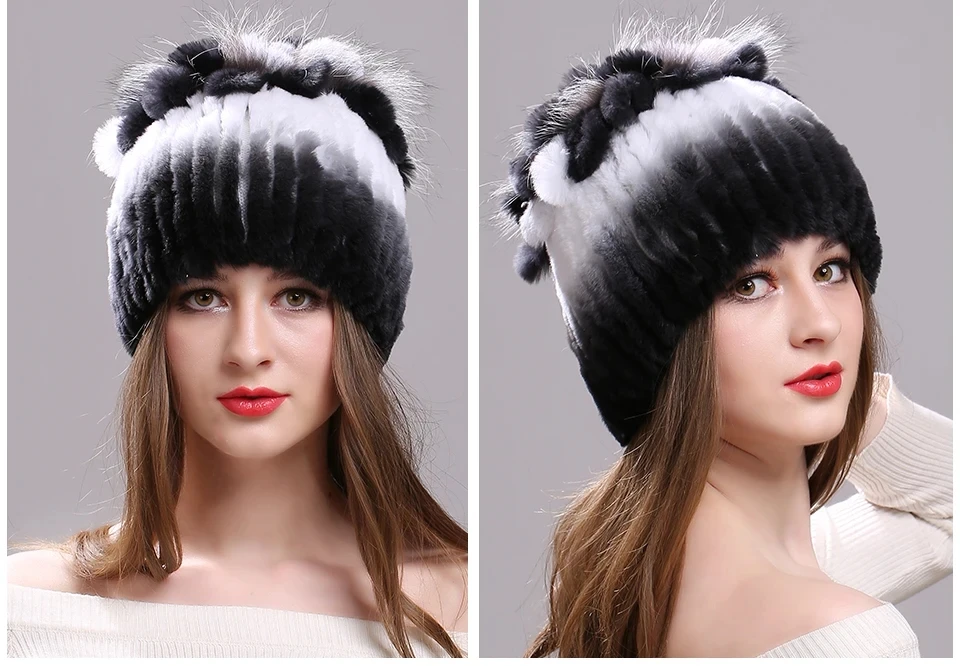 Strickmütze für Damen, 100 % echte Rex-Kaninchenfellmütze mit Blumen, Oberteile, warme, hochwertige Beanie-Damenmütze aus echtem Pelz für den Winter – Detail 24