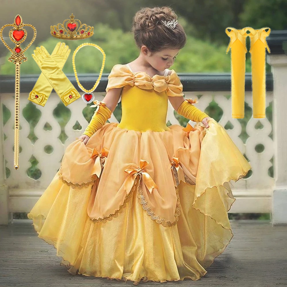 Cosplay Belle Princess Dress for Girls Halloween Costume Rapunzel Beauty and the Beast Carnival Bow Birthday Party Kids Costumes