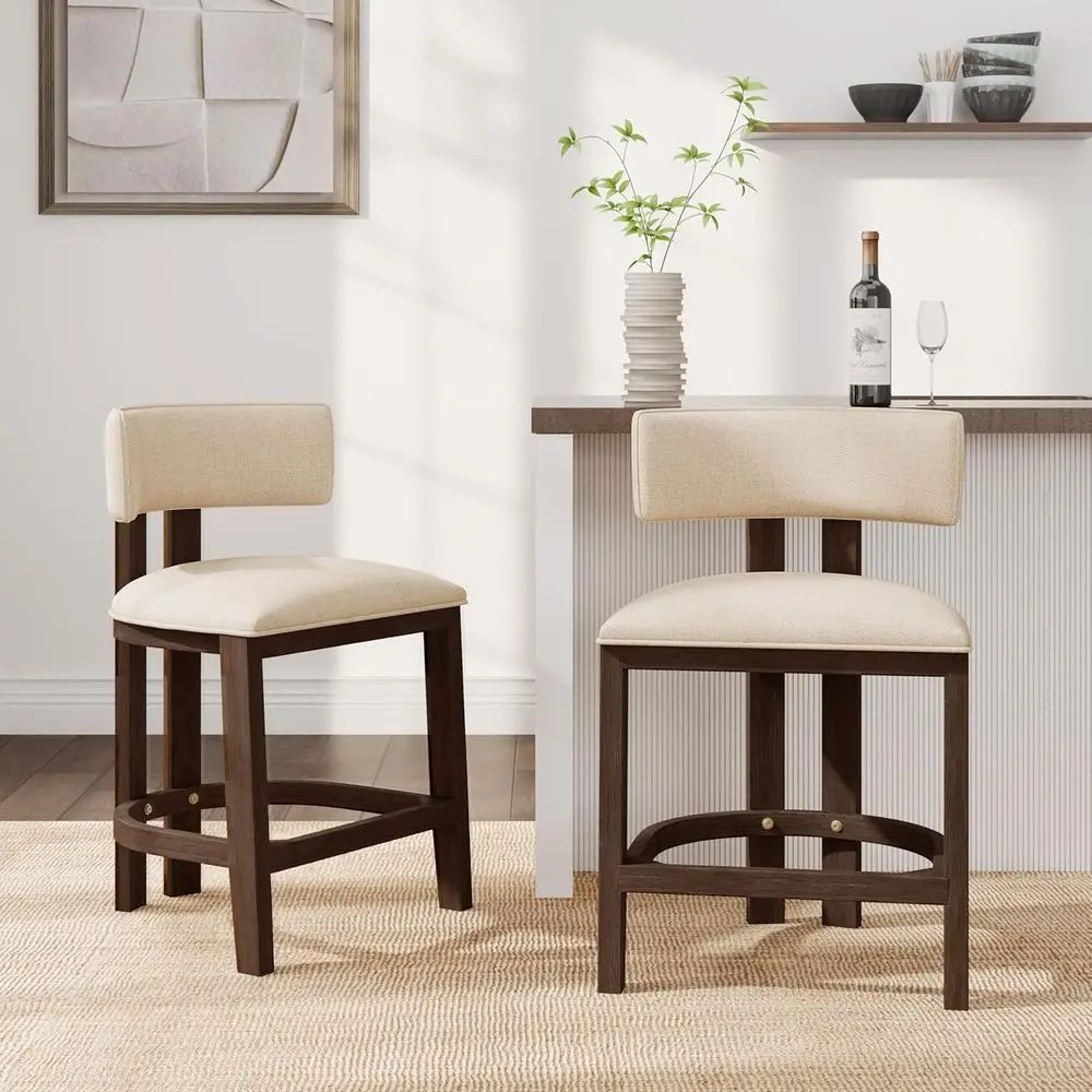 

Set of 2 Minso Walnut & Beige Upholstered Counter Height Bar Stools with Backrest and Footrest