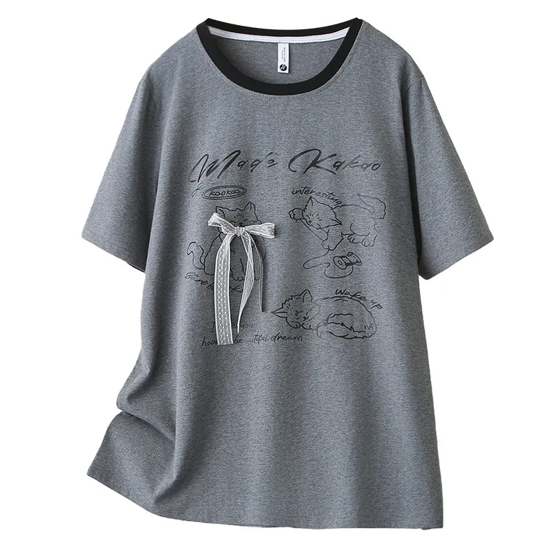 

Летняя женская футболка больших размеров с мультяшным принтом, хлопок, короткий рукав, круглый вырез, повседневный свободный крой, 2026, модель 6285