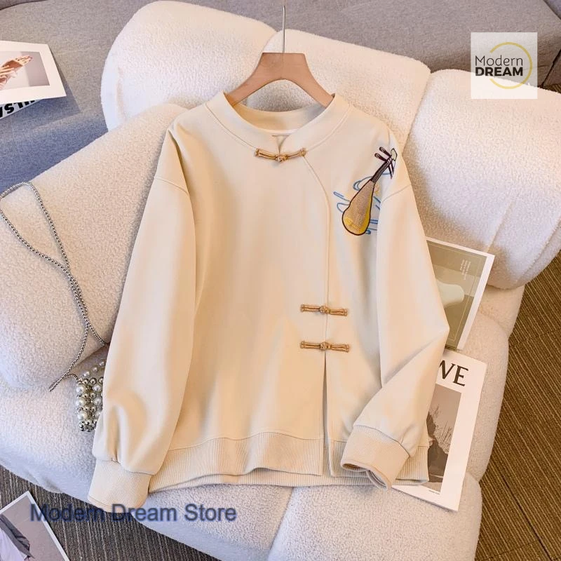Chinese retro solid color fashion loose plus size blouse women's spring and autumn new embroidered casual loose thin hoodie