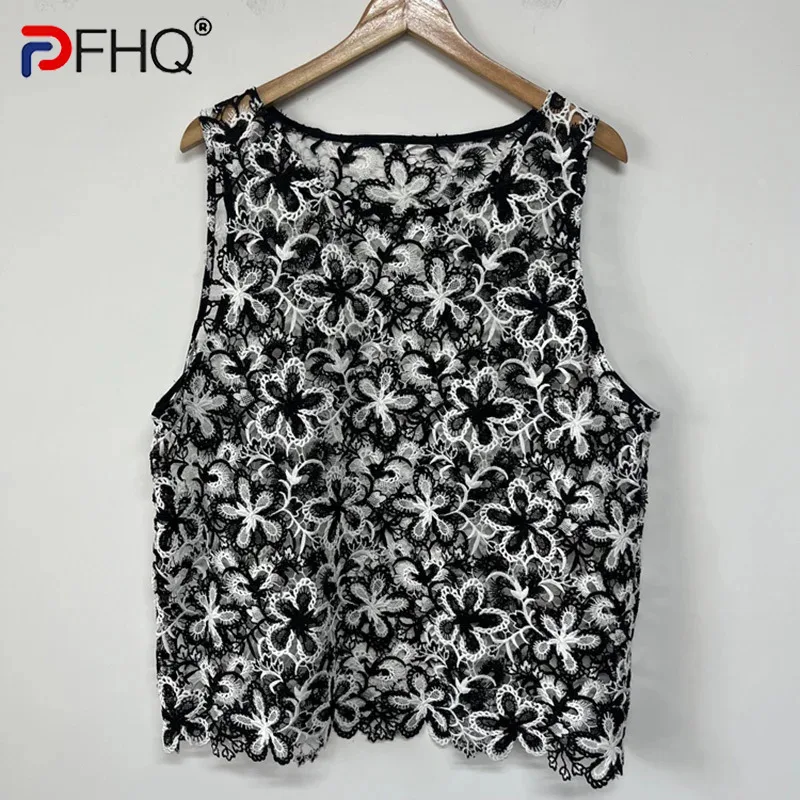 PFHQ Embroidery Hollowed Out Niche Darkwear Versatile Layering Design Men's Loose 2024 Contrast Color Sleeveless Male Tops