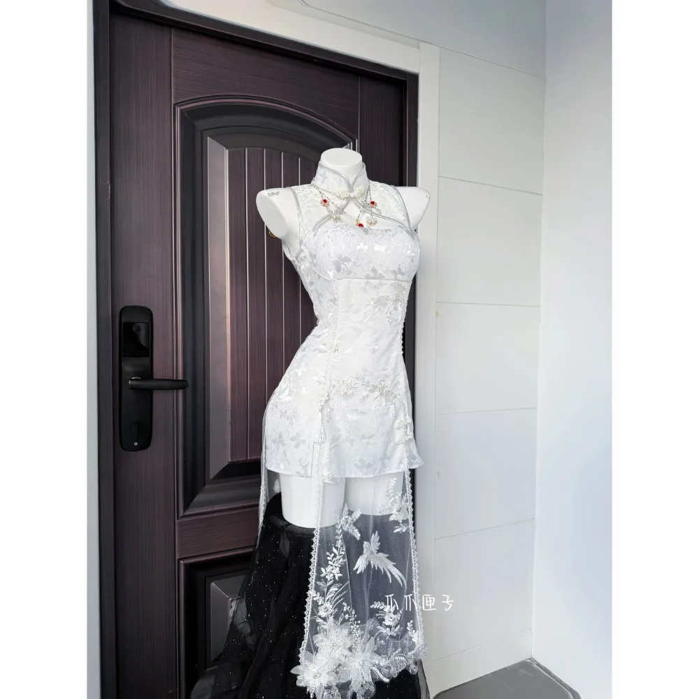 

Game Nikke The Goddess of Victory Modernia Marian Cosplay Costume White Cheongsam Butterfly Love Flower Dress Halloween Outfits