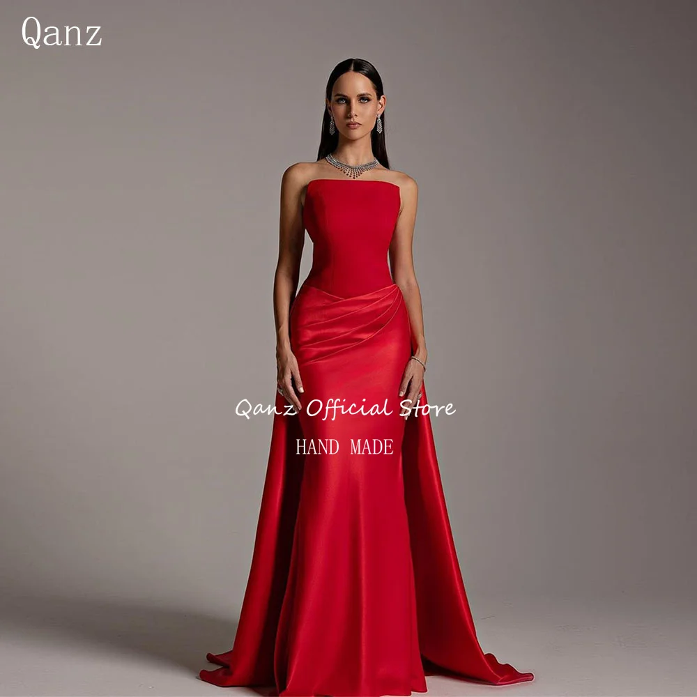 Qanz Vintage Red Satin Evening Dresses Strapless Mermaid Prom Dress Dubai Long Train Dress Women Elegant Party Customized