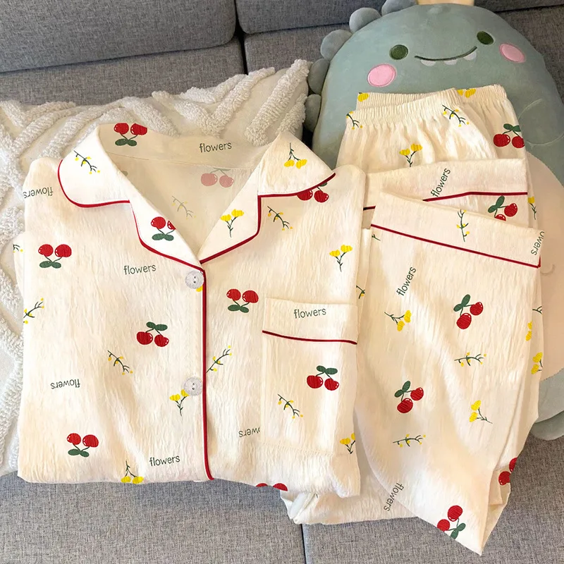Cute Cartoon Women Pajamas Set Long Sleeve Cherry Print Homewear Loungewear