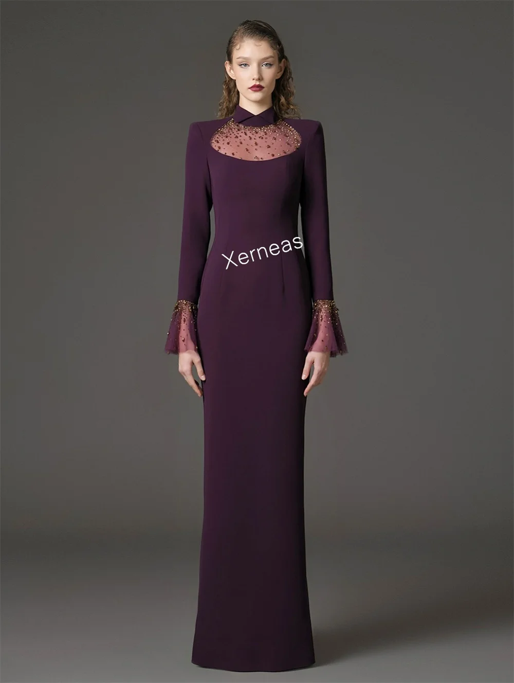 맞춤형 글리터 하이 칼라 긴 소매 트럼펫 플로어 길이 맞춤 제작 특별한 날 매력적인 정장 이브닝 드레스 우아한 파티