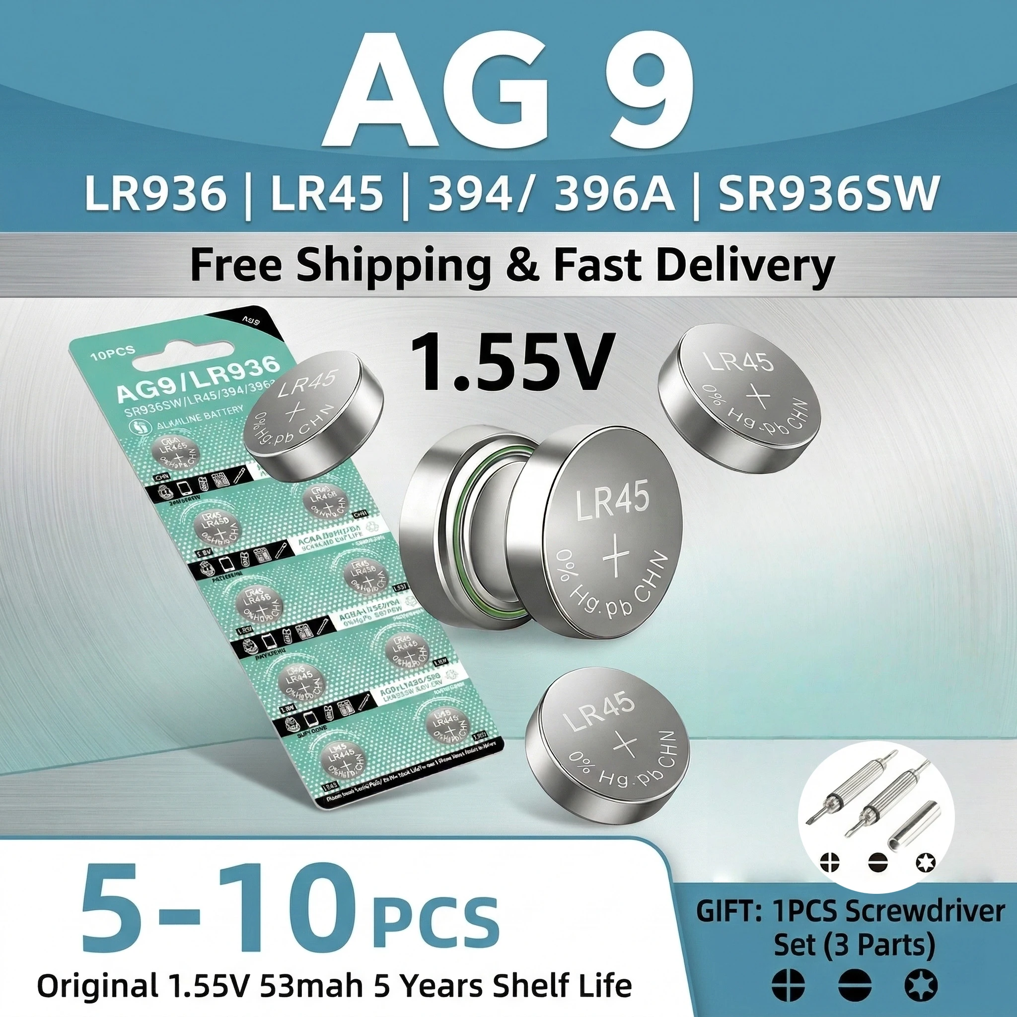 

1.55V 53mAh AG9 LR936 SR936SW Leak-Proof Alkaline Button Battery 394 LR45 194 for Watches Calculators LED Lights