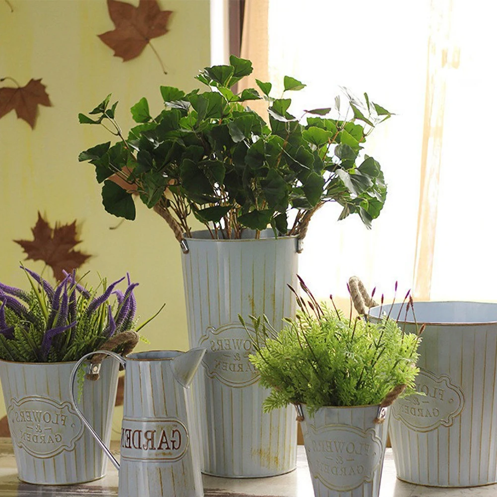

Dried Flower Bucket Iron Pot Rustic Metal Flowerpot Retro Balcony Office Plant Pot Vintage Container
