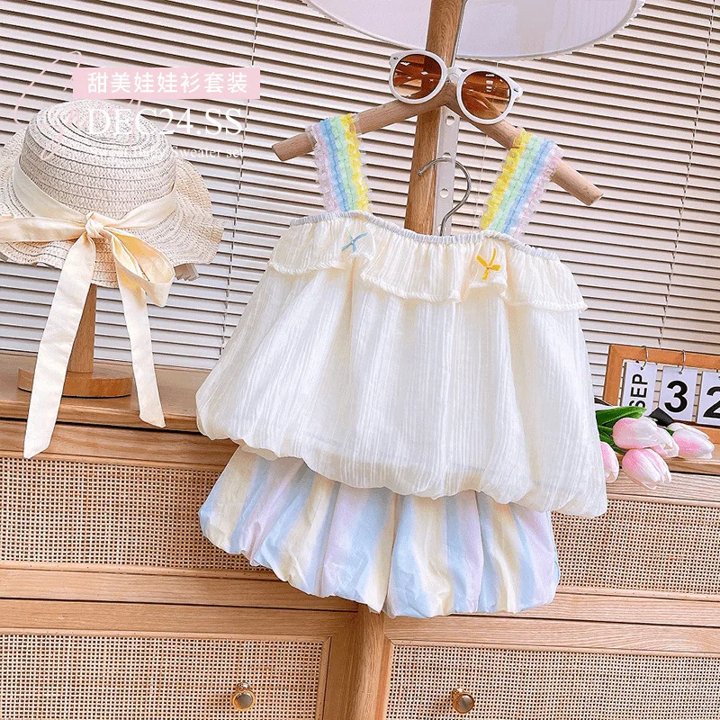 

Girls Sweet Set2024Summer New Fashion Spaghetti-Strap Camisole Top Gradient Bud-Waisted Shorts Two-Piece Suit