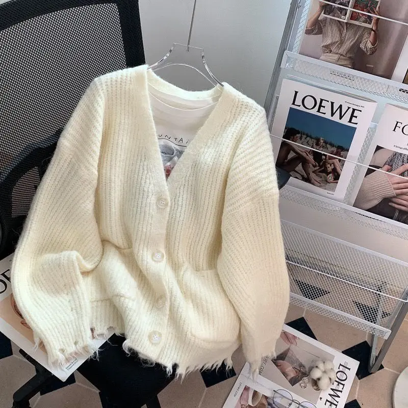 

Свитер-кардиган, куртка, женский свободный вязаный топ с длинными рукавами, однотонный, универсальный, осень-зима 202, новый стиль