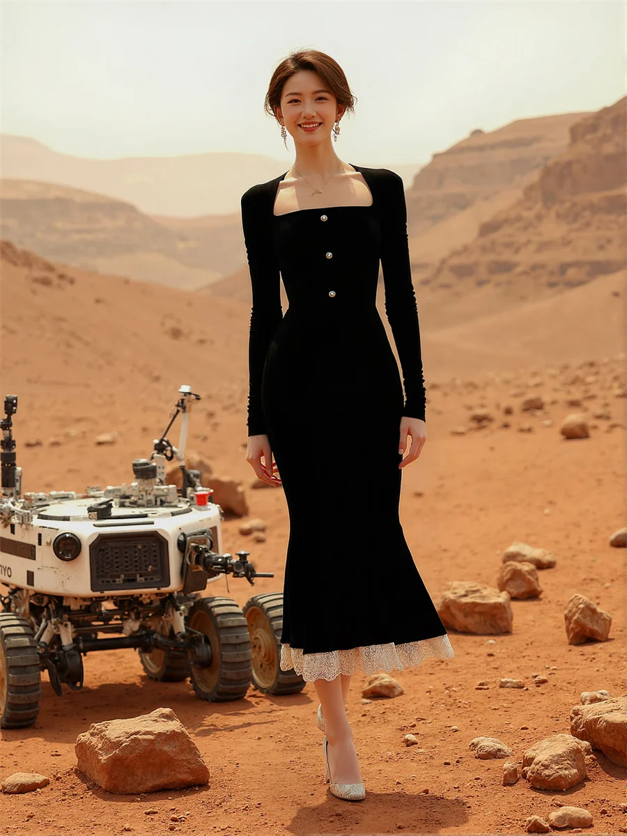 Vestidos femininos estilo coreano preto drapeado em camadas babados até o tornozelo tecido fairycore outono fantasia moda