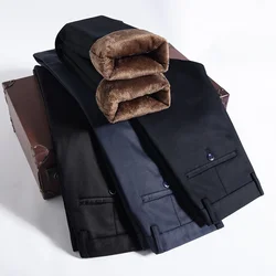Winter Fleece Men's Business Pants Classic Trousers Elastic Thickened Warm Flannel Straight Casual Brand Plush Pants