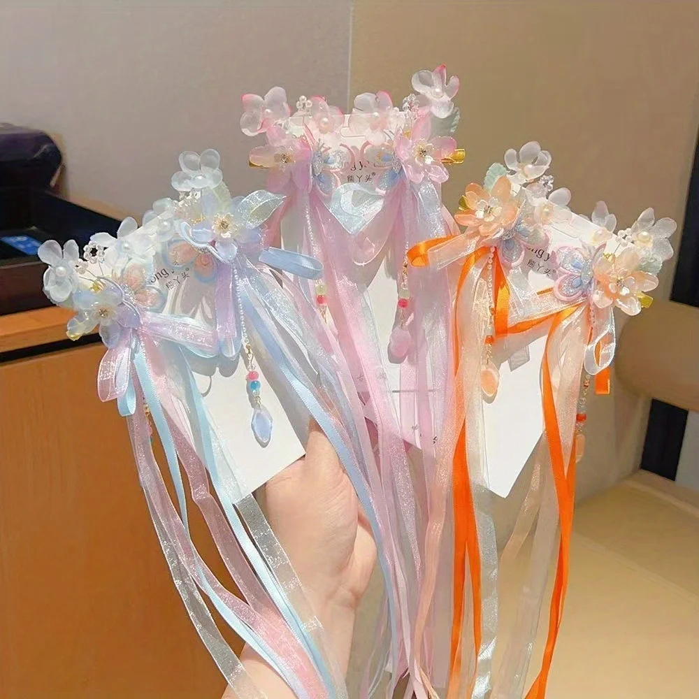 

Fairycore Floral Hair Clips with Ribbons & Tassels - Traditional Chinese Hair Accessories for Hanfu | Gift for Girls