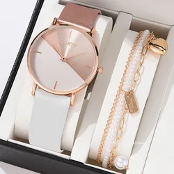 Women Watches 2pcs Set Leather Rose Gold Dress Female Clock Luxury Brand Design Women Watches Simple Fashion Ladies Watches